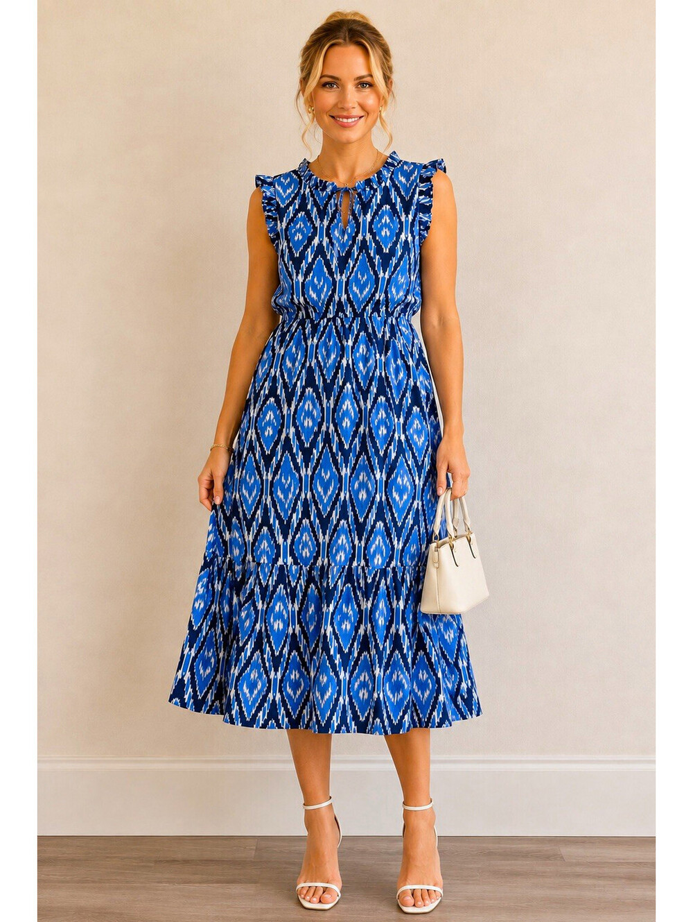 Talbots Women’s Size 2 Blue White Geometric A-Line Ruffle Midi Dress Sleeveless